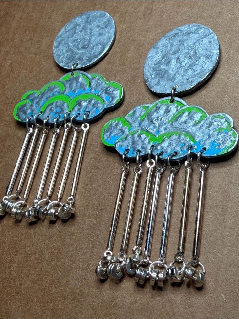 Silver Blue & Green Rain Cloud Dangle Earrings